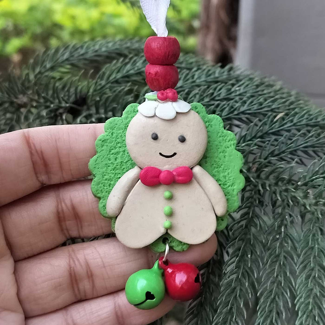 Handmade Gingerbread Man Clay Ornament With Bell For Christmas Tree Decoration | Set Of 2