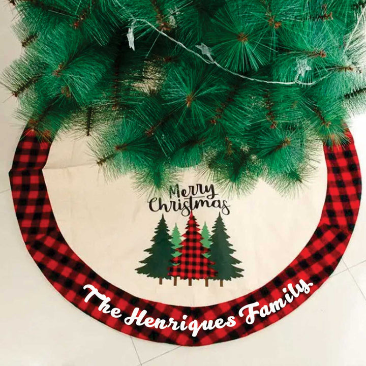 Personalized Checkered Evergreen Ensemble Cotton Tree Skirt For Christmas Tree Decoration