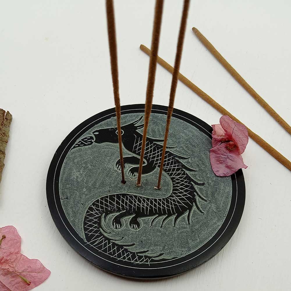 Handmade Black Iqrit Dragon Soapstone Incense Stick Holder | Set of 2