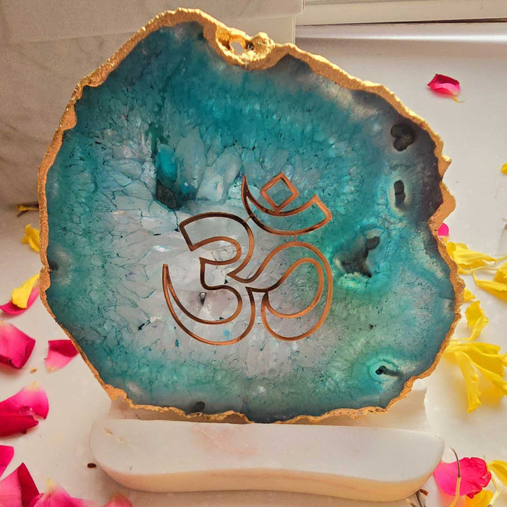 Handmade Green Om Agate Decor With Marble Tea Light Holder