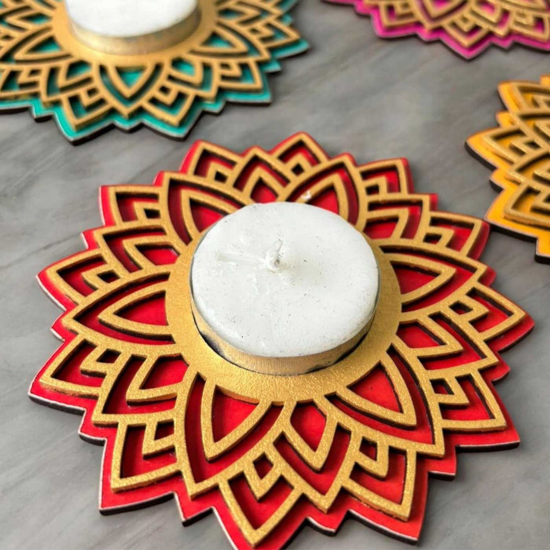 Handmade The Mandala Mdf Wood Tealight Holder | Set Of 4