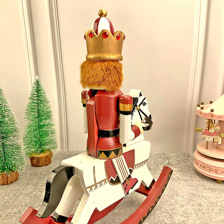 Maroon Rocking Horse Nutcracker Self-Standing Wooden Decor For Christmas Table Decoration