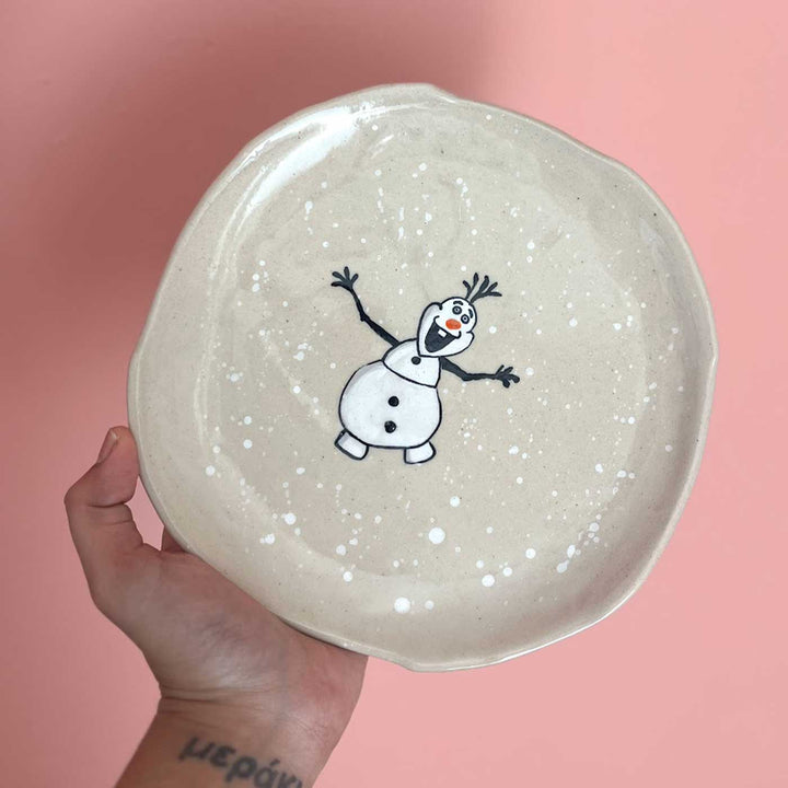 Handmade Snowman Illustration Ceramic Plate For Christmas Table Decoration | Set Of 2