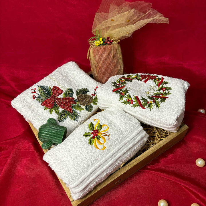 Personalized Pine Bow, Christmas Wreath & Holly Leaves Embroidered Towel & Candle Hamper | Xmas Gifting Ideas | Set Of 6