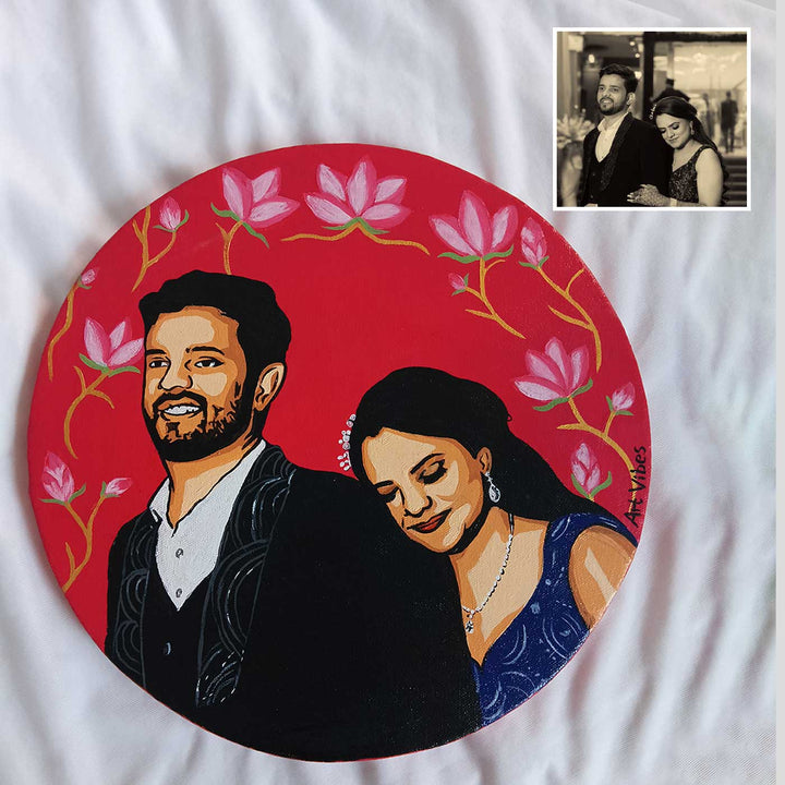 Personalized Photo Based Caricature Round Flowered Portrait For Couples