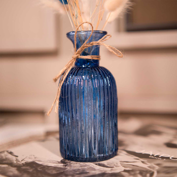 Ocean Blue Glass Vase With Dried Flower Bunch