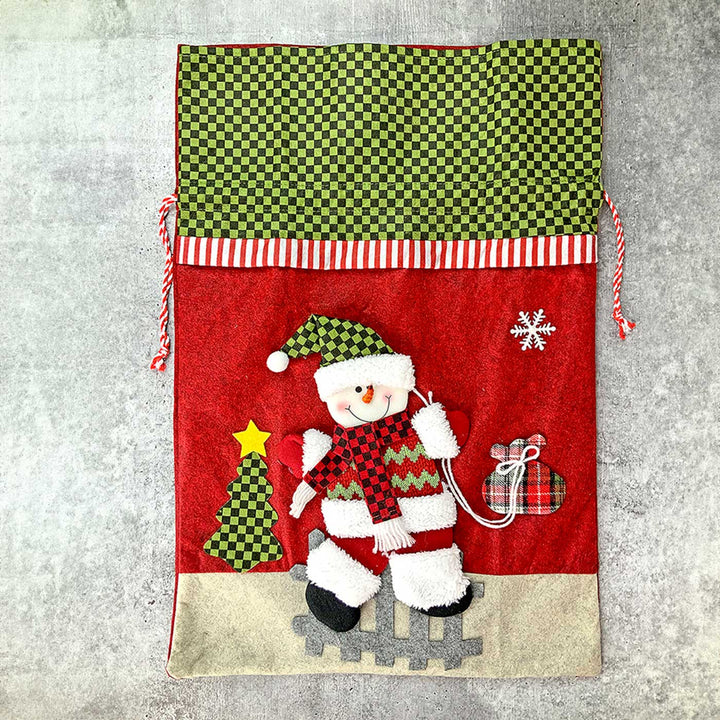 Handmade Snow Red & Green Checks Plush Fabric Gift Sacks For Christmas Decoration