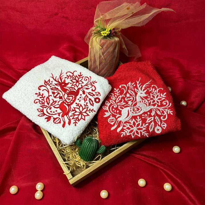 Personalized Reindeer Embroidered Towel & Candle Hamper | Xmas Gifting Ideas | Set Of 6