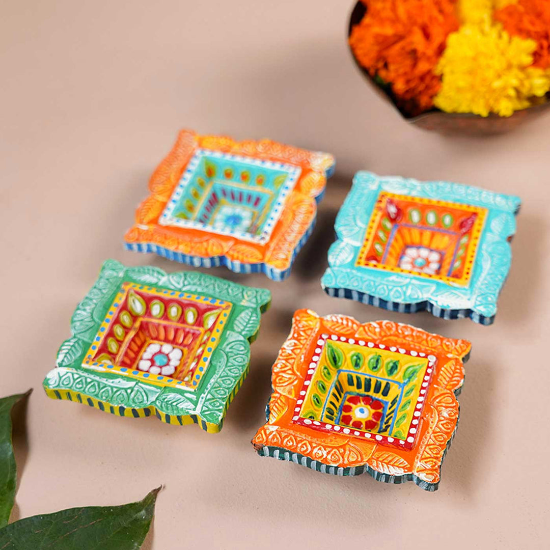 Handmade Square Clay Oil Lamp / Diya | Set of 4