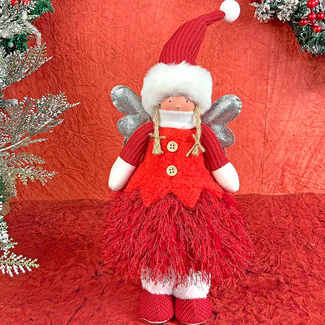 Angel With Glitter Silver Wings & Skirt Self-Standing Woolen Decor For Christmas Table Decoration