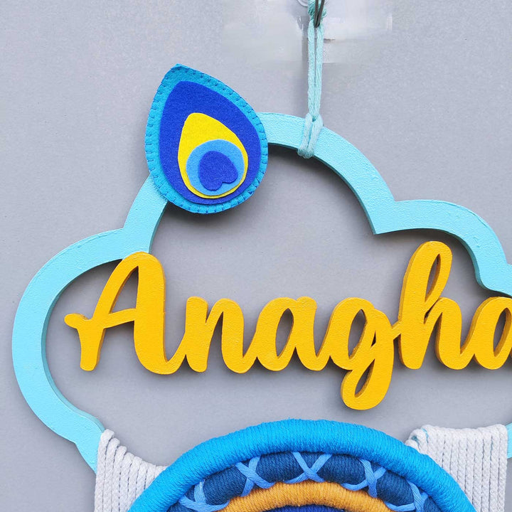 Personalized Handmade Macrame Krishna Morpankh Kids Name Plate With 3D Letters