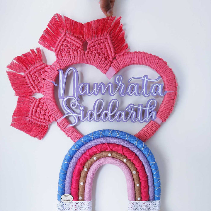 Personalized Handmade Macrame Pink Heart Shaped Name Plate With 3D Letters