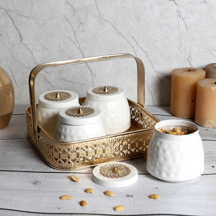 Handmade Gold & White Basket With Jar | Set Of 5