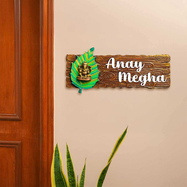 Personalized Ganesha On Leaf Theme MDF Wood Name Plate