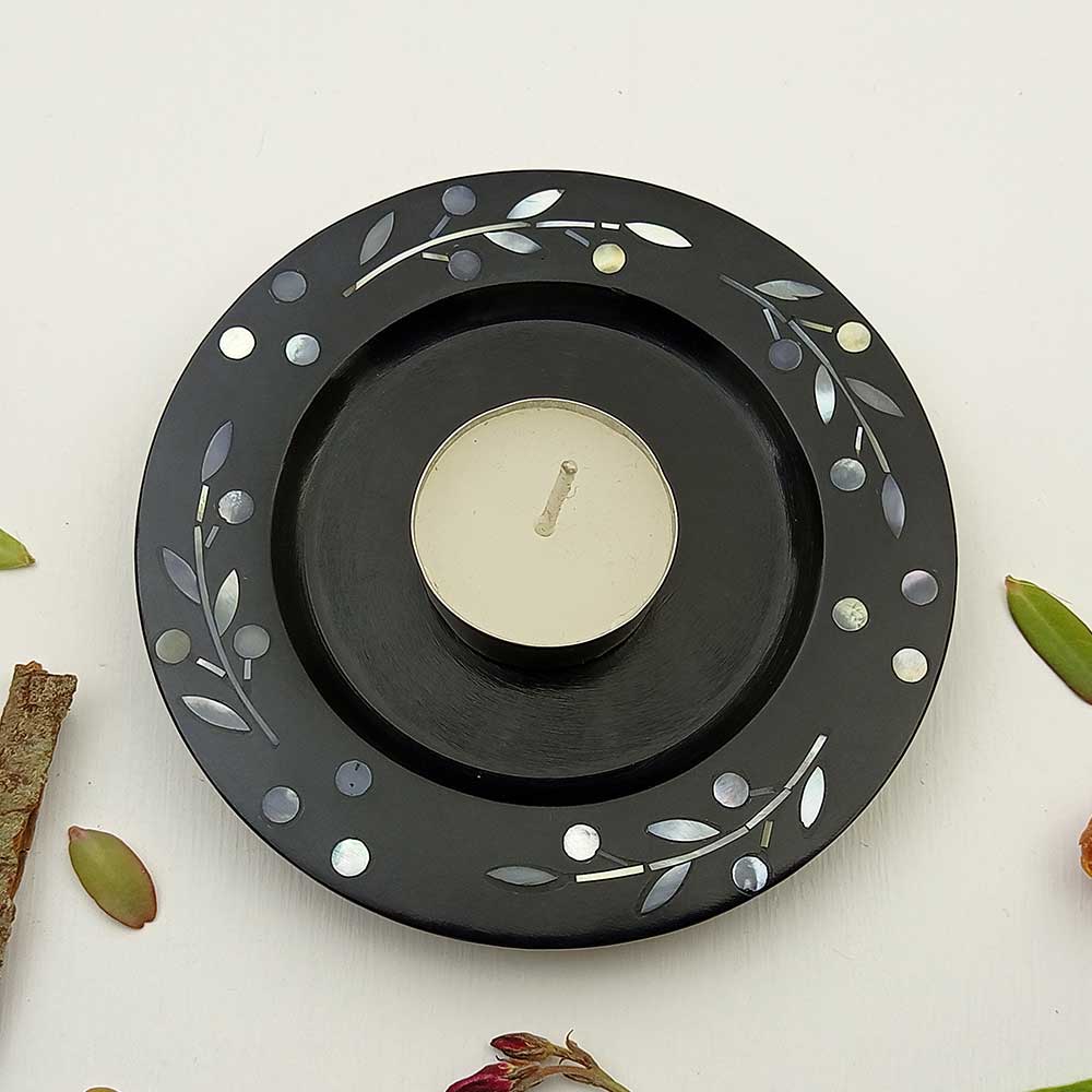 Handmade Black Fayruz Inlay Stem Work Candle Holder