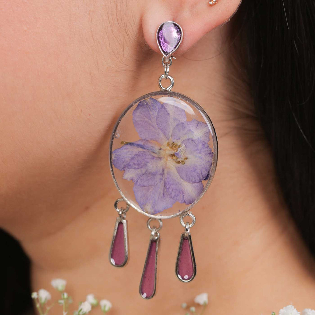 Handmade Preserved Flower Purple Delphinium Chandelier Brass Earrings