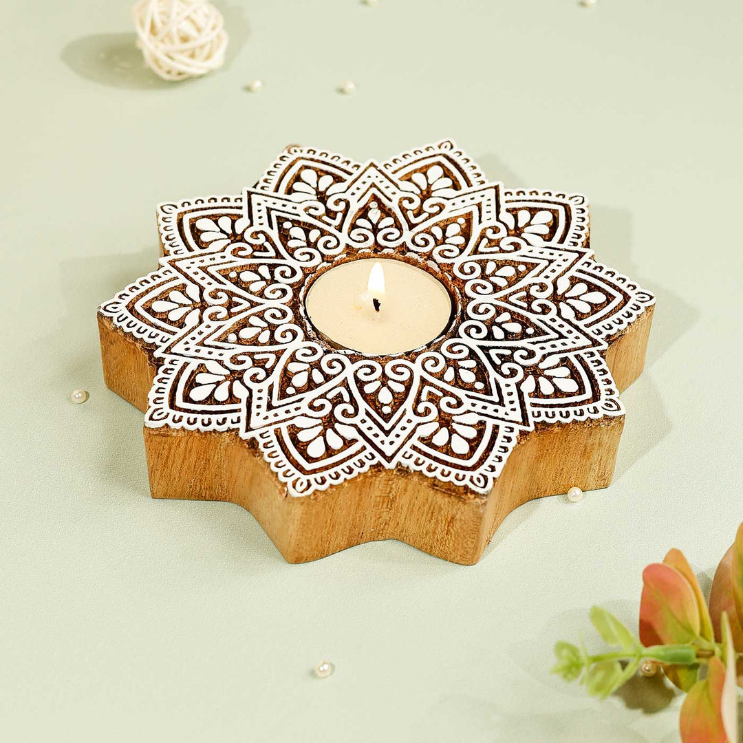 Handmade Carved Flower Rangoli Wooden Block Tealight Holder | Set Of 2