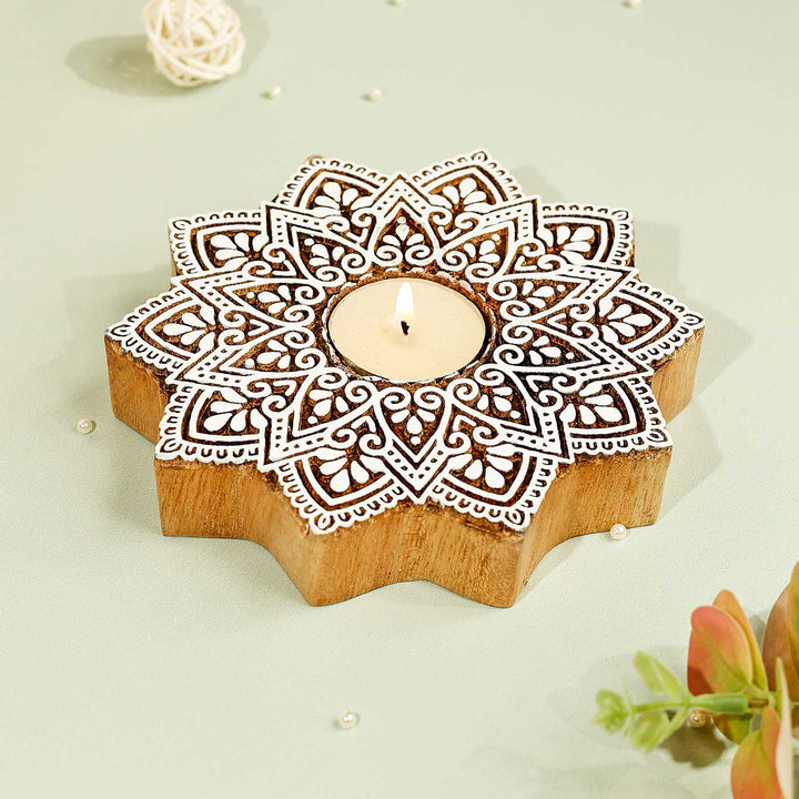 Handmade Carved Flower Rangoli Wooden Block Tealight Holder | Set Of 2