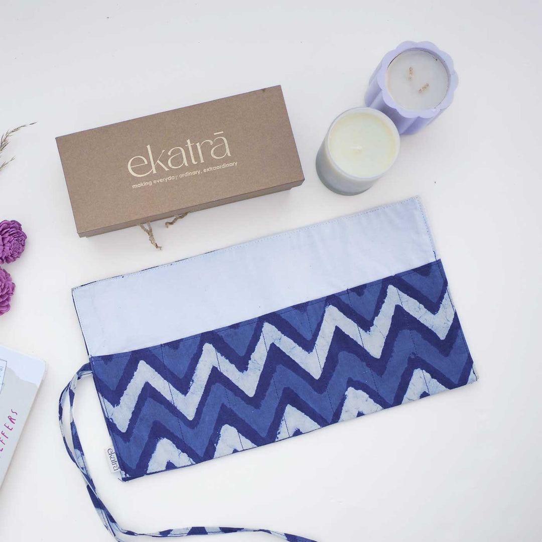 Hand-stitched Cotton Fabric Indigo Chevron Roll Up Case