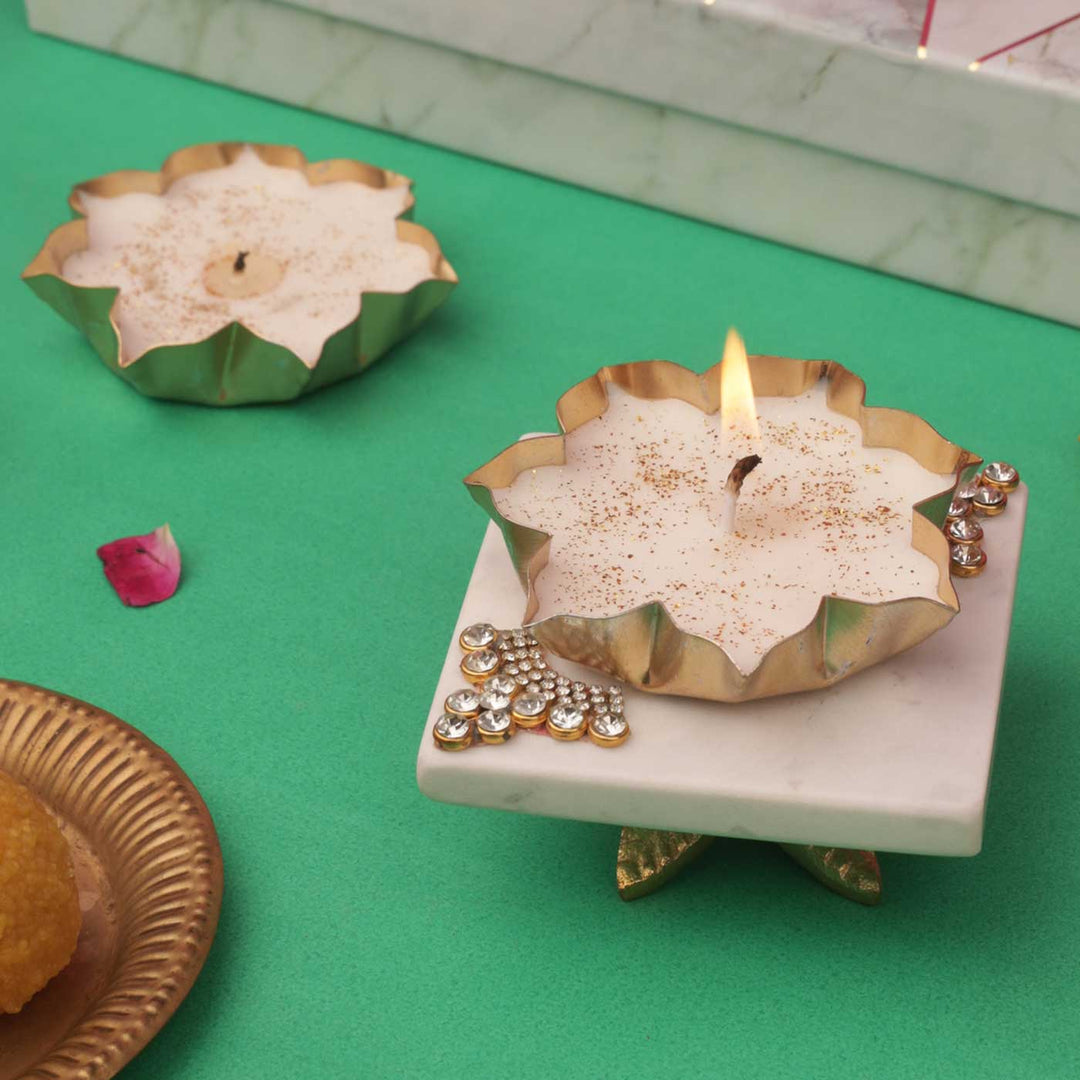 Handmade Marble Square Pooja Chowki With Metal Votive Candle | Set Of 3