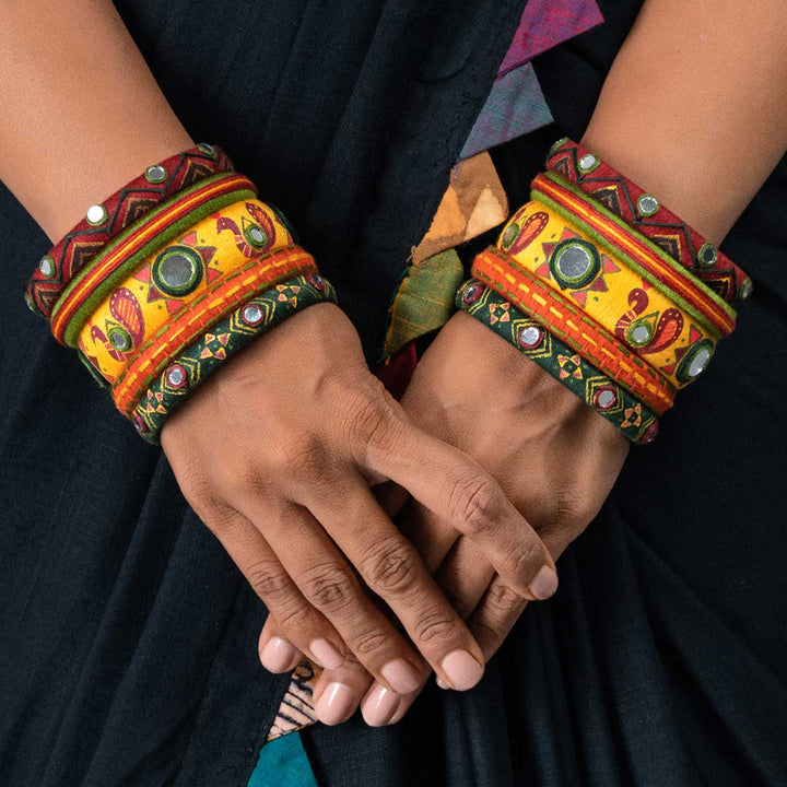 Yellow & Maroon Handcrafted Malika Peacock Bangles | Set of 10