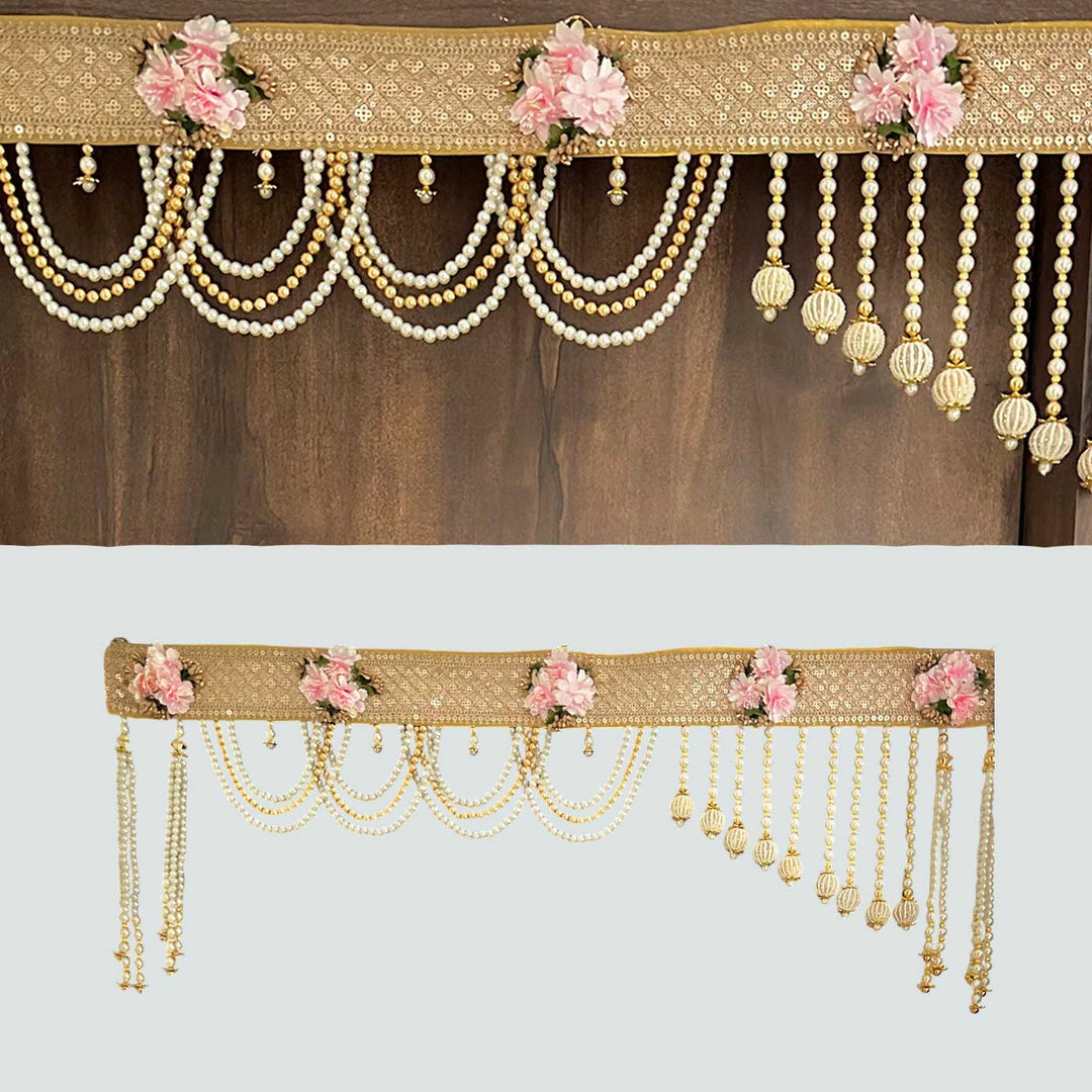 Handmade Gold And White Moti Toran With Pink Flowers