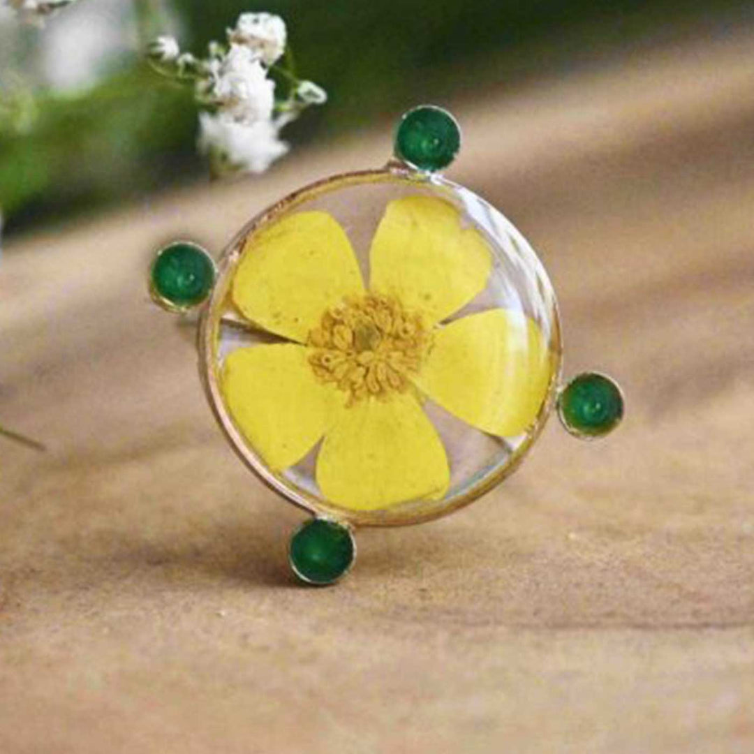 Handmade Preserved Flower Buttercup Field Brass Ring