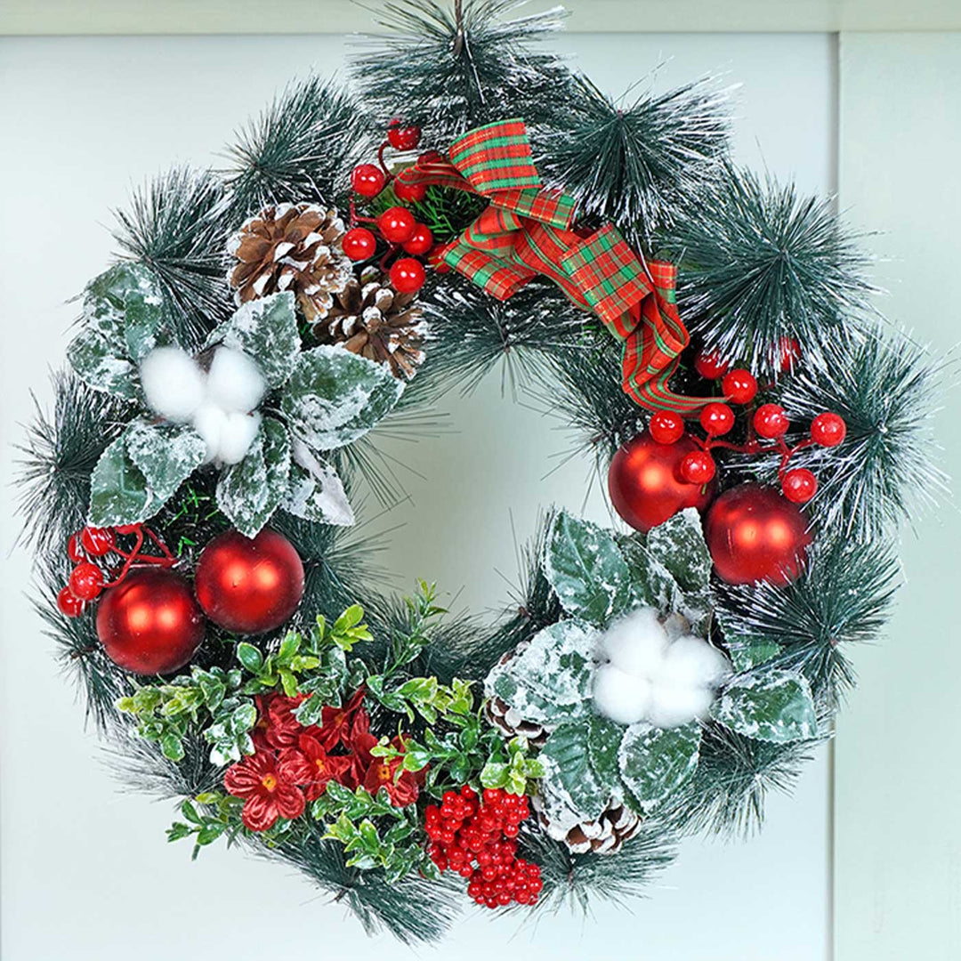 Checkered Bow Cotton Buds Wreath For Christmas Wall Decoration