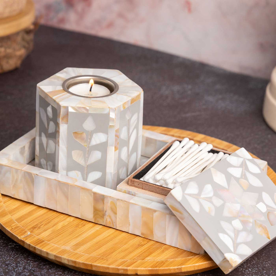 Handmade Decorative Mother Of Pearl Tealight Holder With Tray And Small Box | Set Of 3