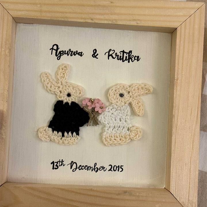 Personalized Handmade Crochet Bunny Wooden Plaque For Couples