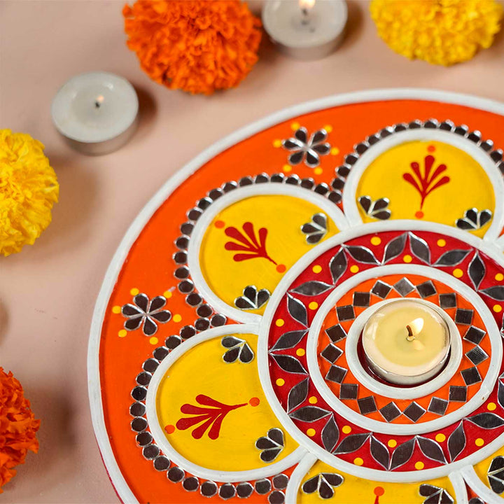 Handmade Lippan Rangoli Wooden Tealight Holder