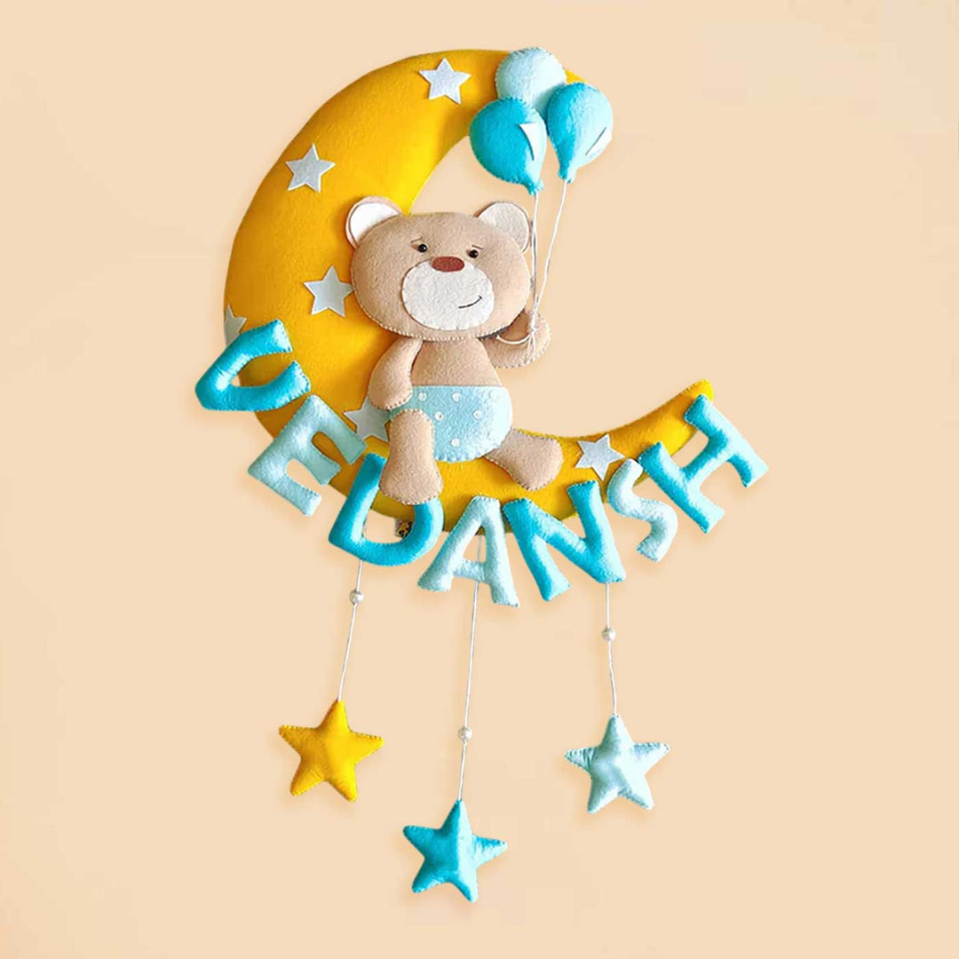 Hand-stitched Teddy Themed Felt Moon Nameplate with Birthdate For Kids - Brown