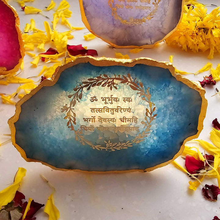 Handmade Turquoise Gayatri Mantra Agate Stone Tea Light Holder