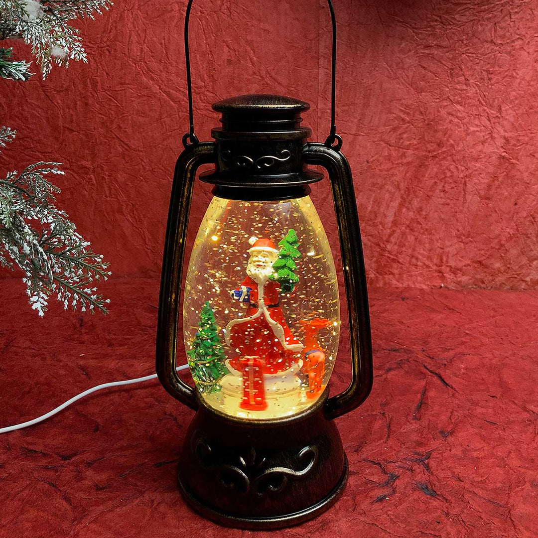 Santa With Rotating Gift And Deer Musical Lantern For Christmas Table Decoration