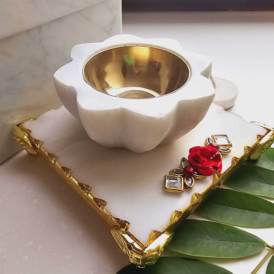 Handmade Sunflower Marble & Brass Diya With Pooja Chowki | Set of 2