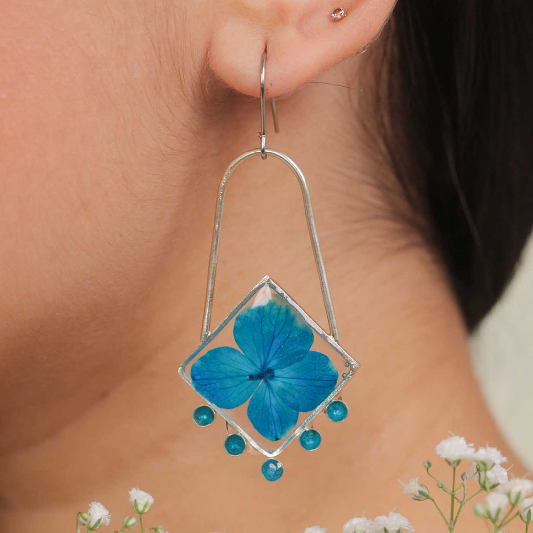 Handmade Preserved Flower Blue Serenity Art Deco Brass Earrings