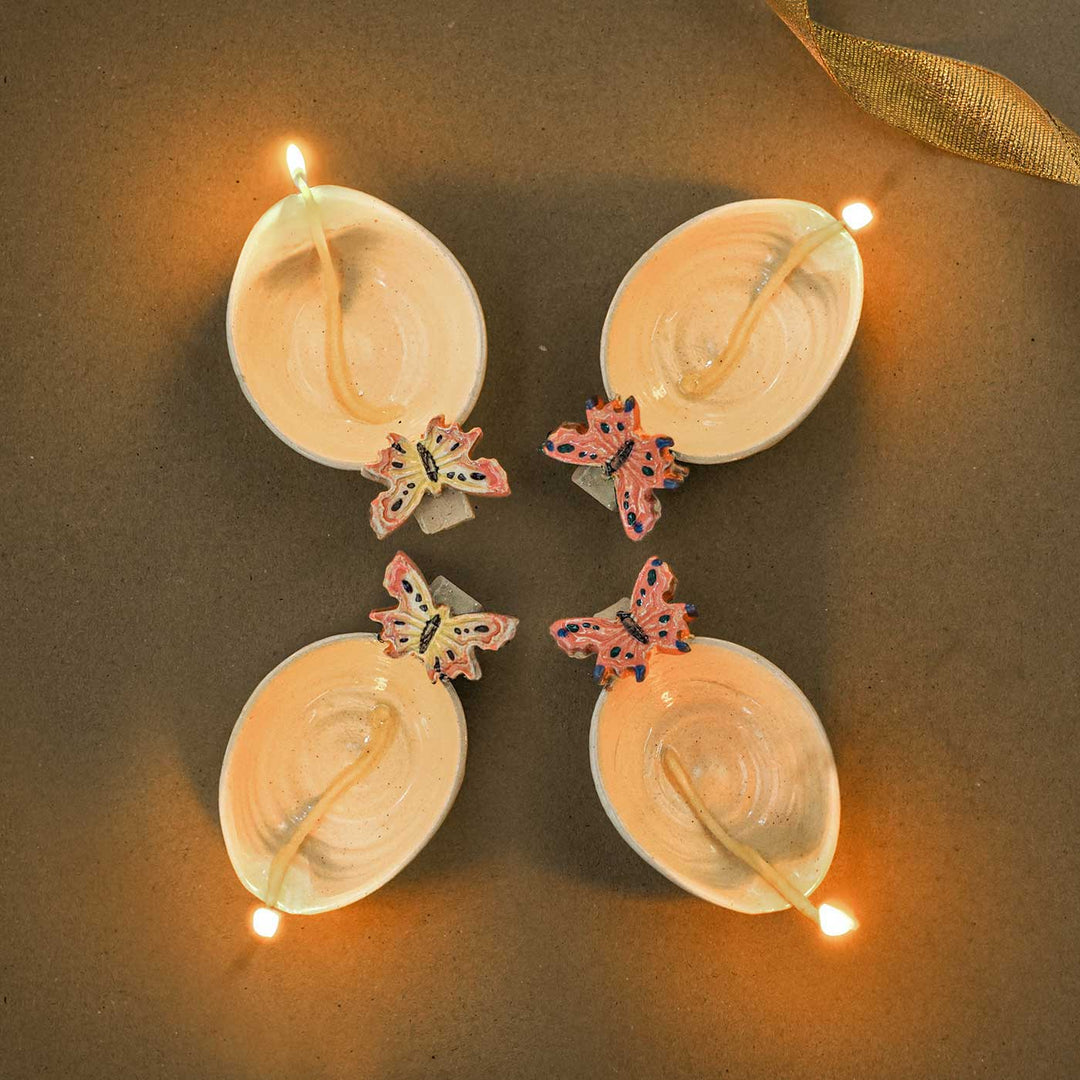 Handmade White with Pink Butterfly Ceramic Oil Lamp / Diya | Set of 4