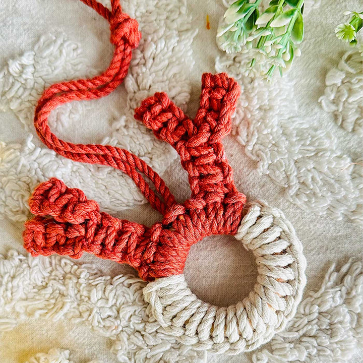 Handmade Macrame White & Peach Reindeer Christmas Ornament | Set Of 4