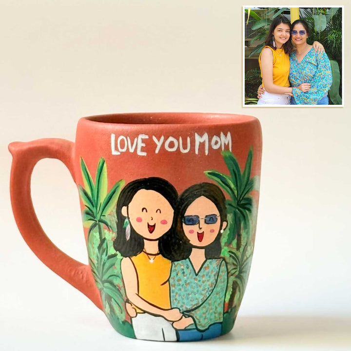 Handpainted Personalised 3D Terracotta Mug With Caricatures And Background