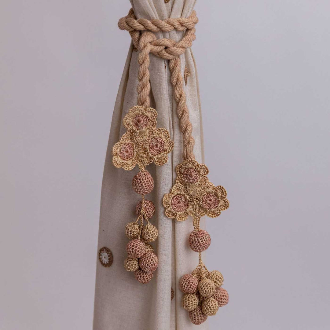 Handmade Kono Beige Triple Flower & Beads Curtain Tie Backs | Set of 2