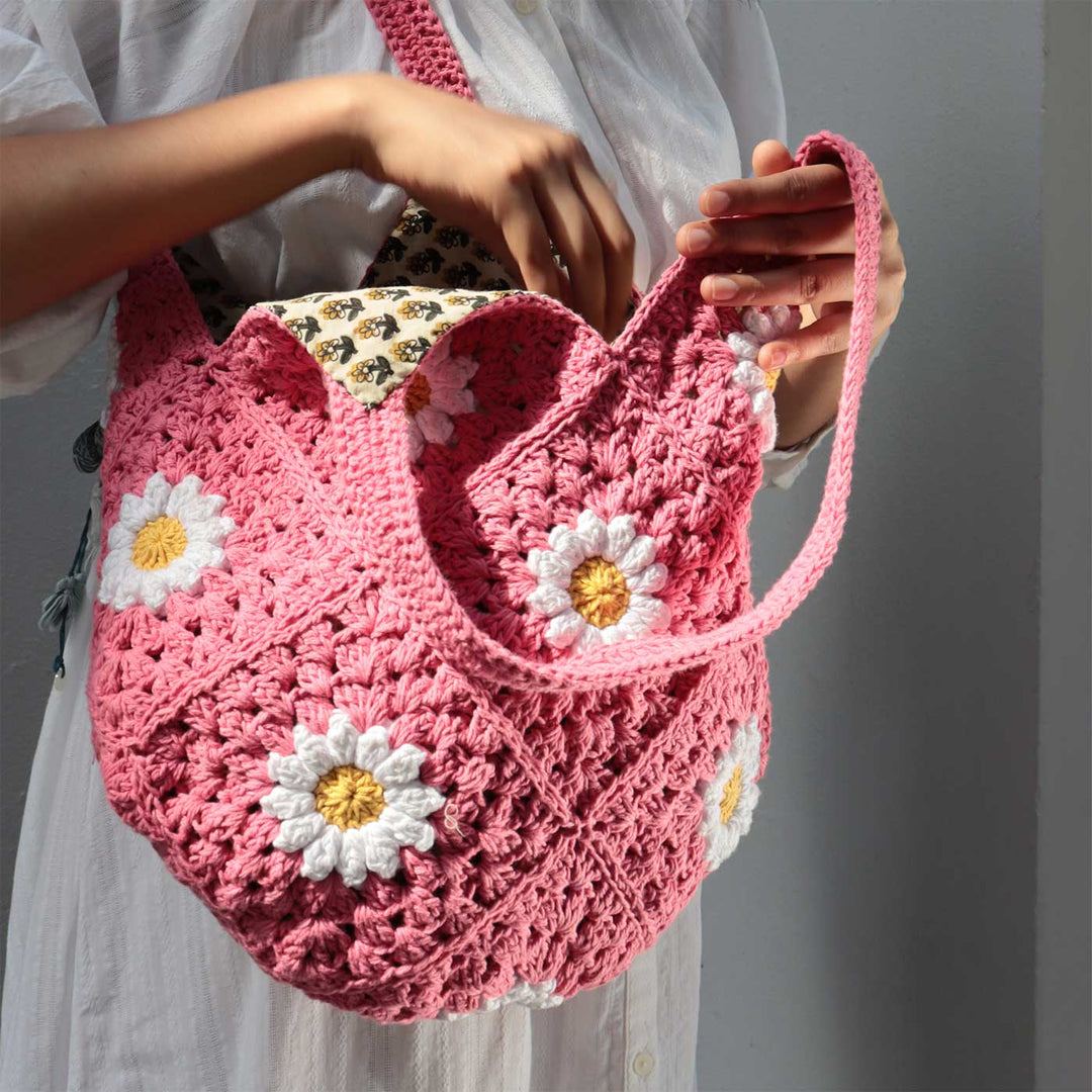 Handmade Crochet Pink Daisy Hobo Shoulder Bag