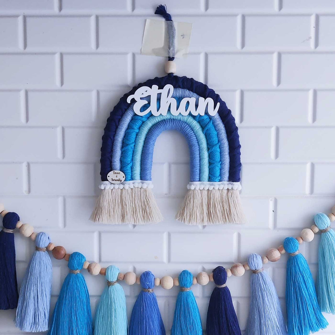 Personalized Handmade Macrame Blue Rainbow & Tassel Garland Combo Kids Name Plate & Bunting Combo With 3D Letters