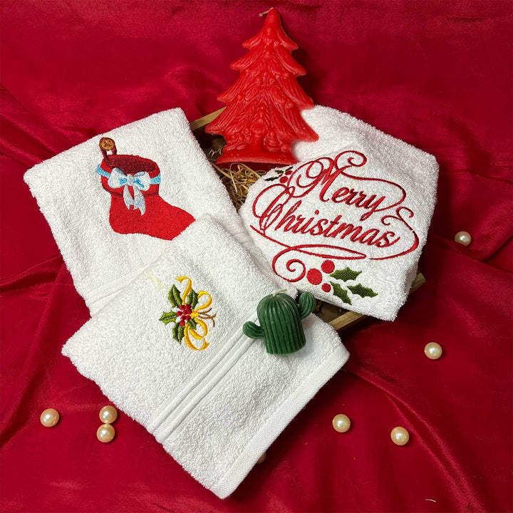 Personalized Stocking, Merry Christmas & Holly Leaves Embroidered Towel & Candle Hamper | Xmas Gifting Ideas | Set Of 6