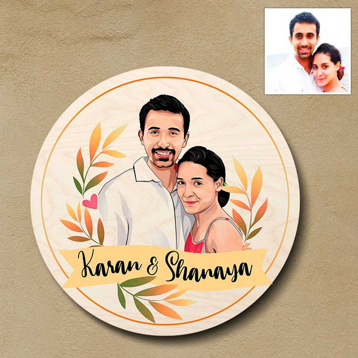 Printed Character Wooden Round Nameplate For Couples