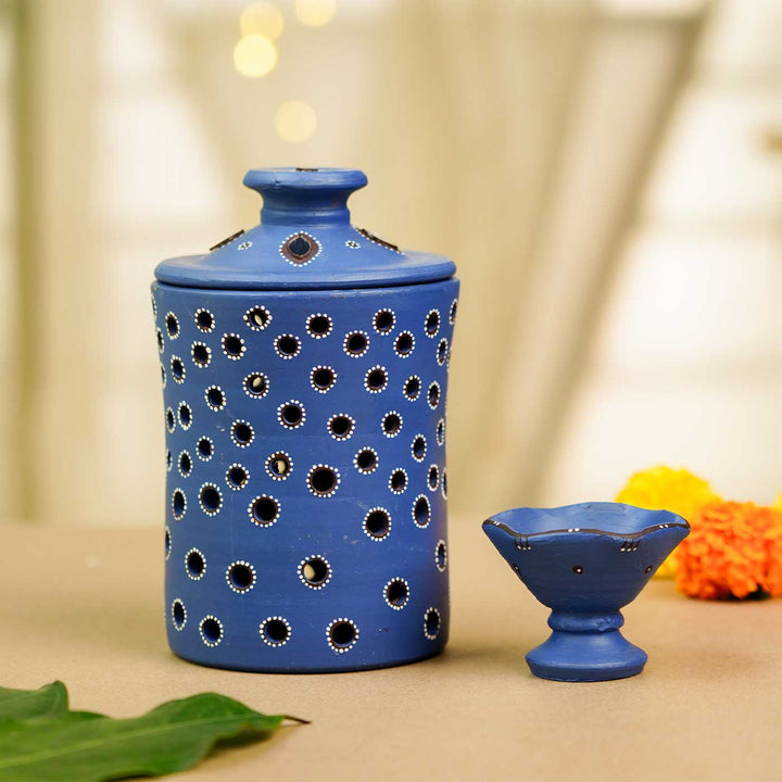 Handmade Blue Jar Terracotta Oil Lamp / Diya