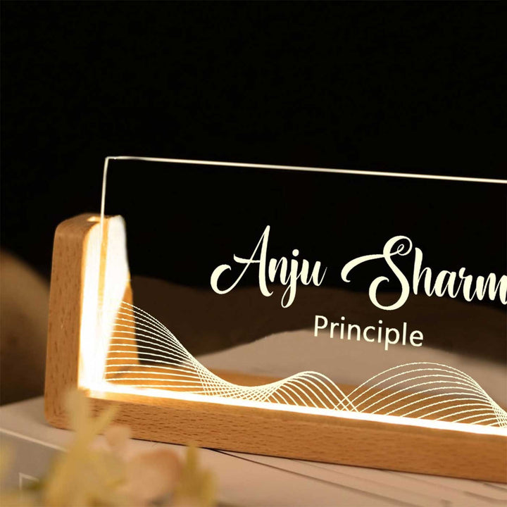 Personalized Profession Wave Pattern Sleek Glass Desk Nameplate With LED Light