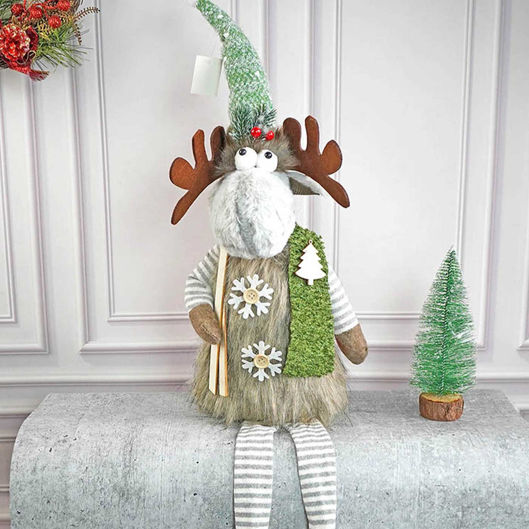 Grey Sitting Long Legs Reindeer With Ski Boards Wooden Decor For Christmas Table Decoration