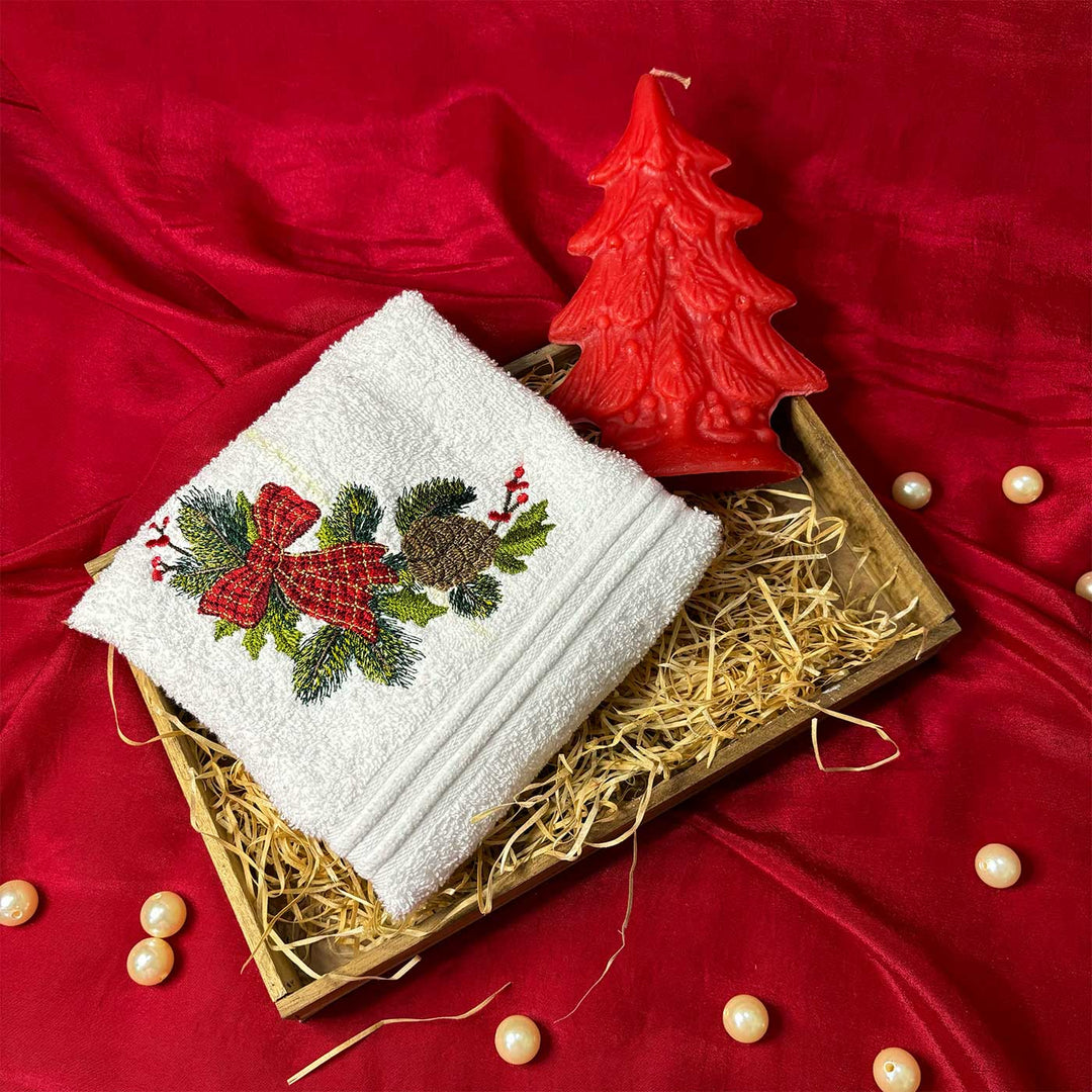 Personalized Pine & Bow Embroidered Towel & Candle Hamper | Secret Santa Gift Ideas | Set Of 3