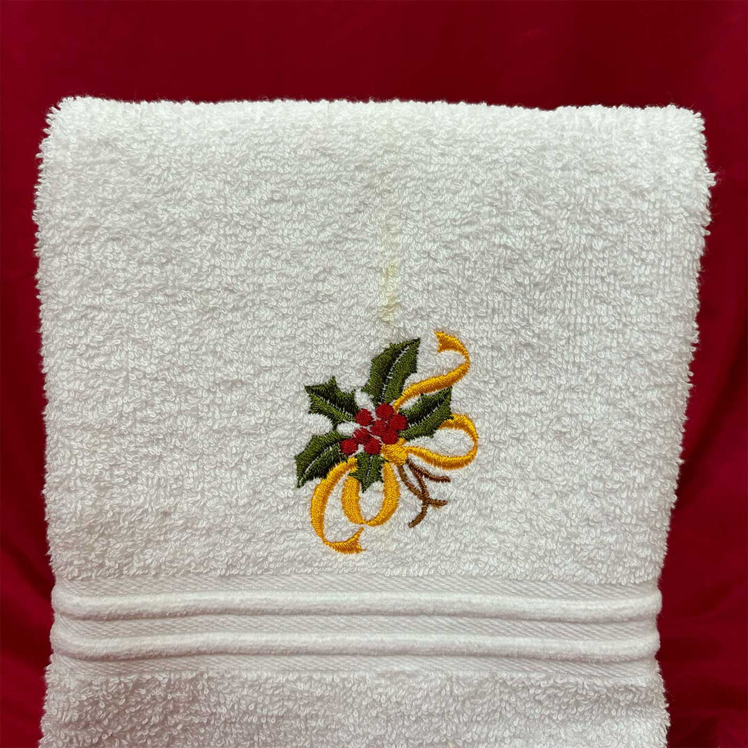 Personalized Holly Leaves Embroidered Cotton Hand Towel | Xmas Gifting Ideas