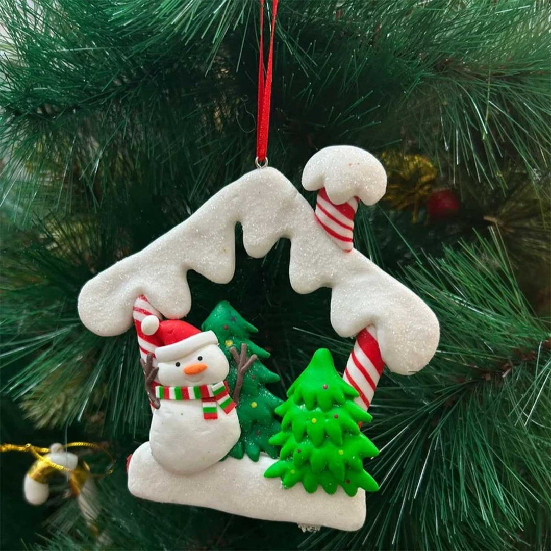 Handmade Snowman In A Hut Clay Ornaments For Christmas Tree Decoration